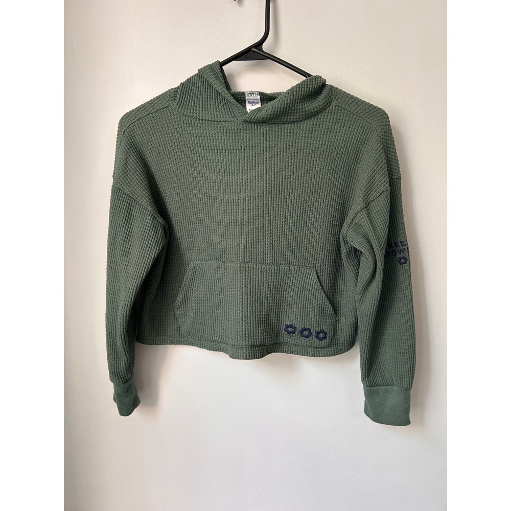 OshKosh Bgosh Girls Olive Green Waffle Knit Cropped Hoodie Keep Growing Size 10